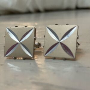 Vintage Mid-century 1950s Swank gold w/silver Atomic pattern square cuff links